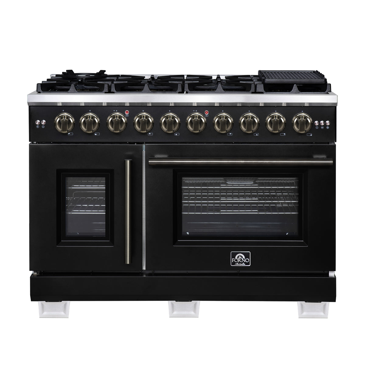 Forno Capriasca 48" French Door Gas Range Black, 8 Brass Burners 160,000 BTU, Wok Support & Griddle