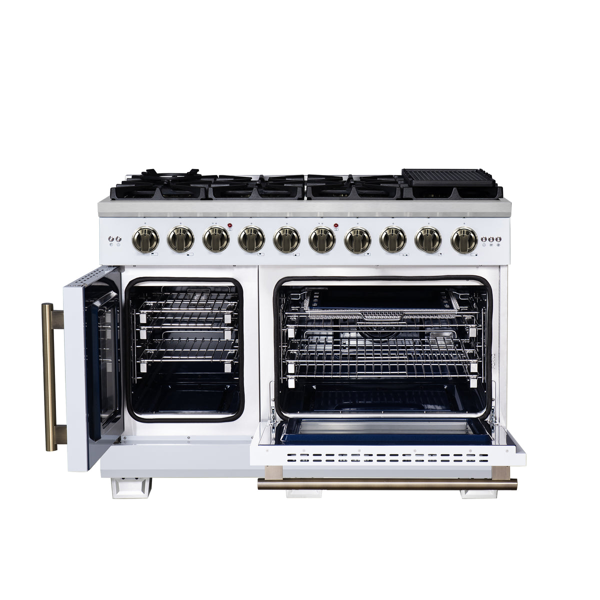 Forno Capriasca 48" French Door Gas Range White, 8 Brass Burners 160,000 BTU, Wok Support & Griddle