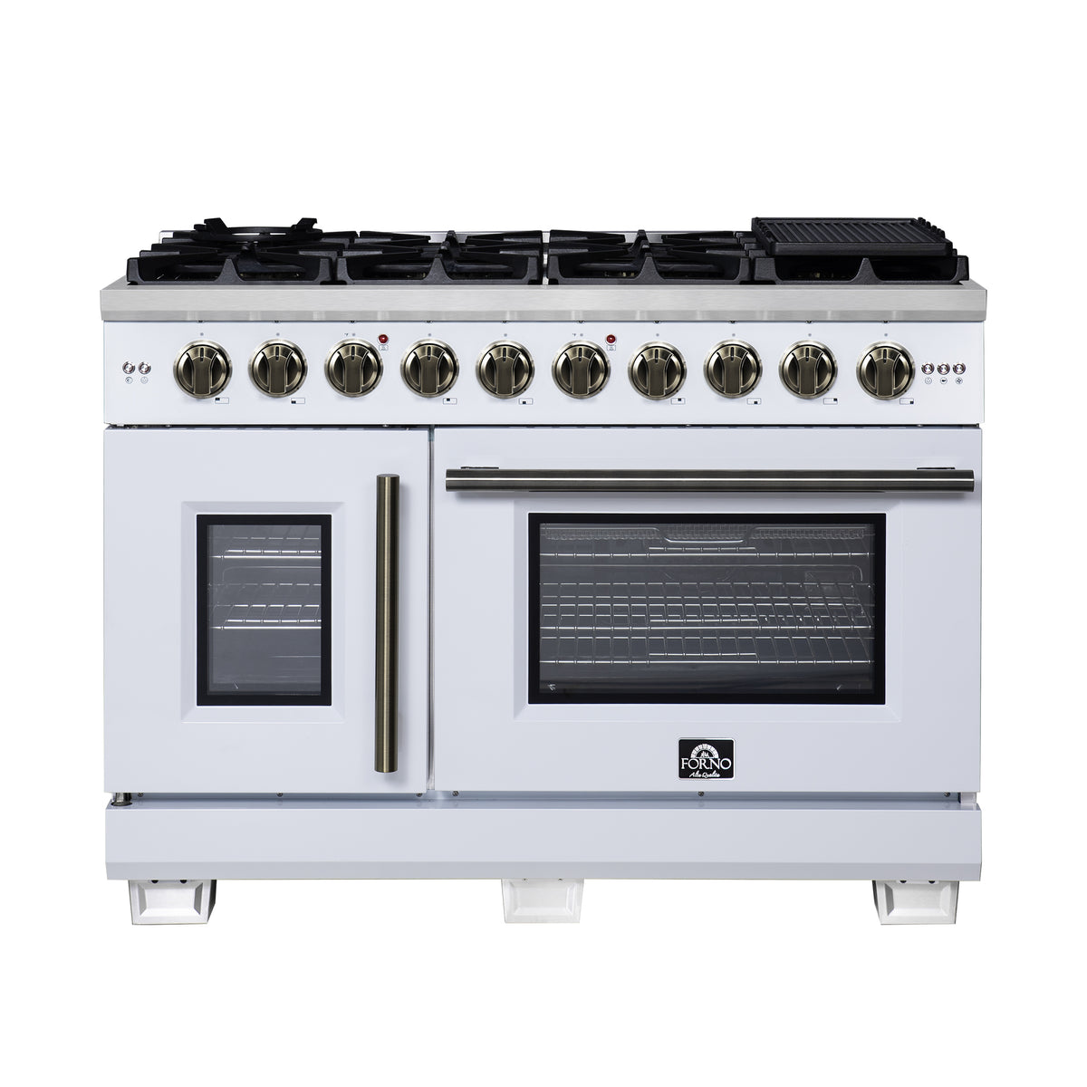 Forno Capriasca 48" French Door Gas Range White, 8 Brass Burners 160,000 BTU, Wok Support & Griddle