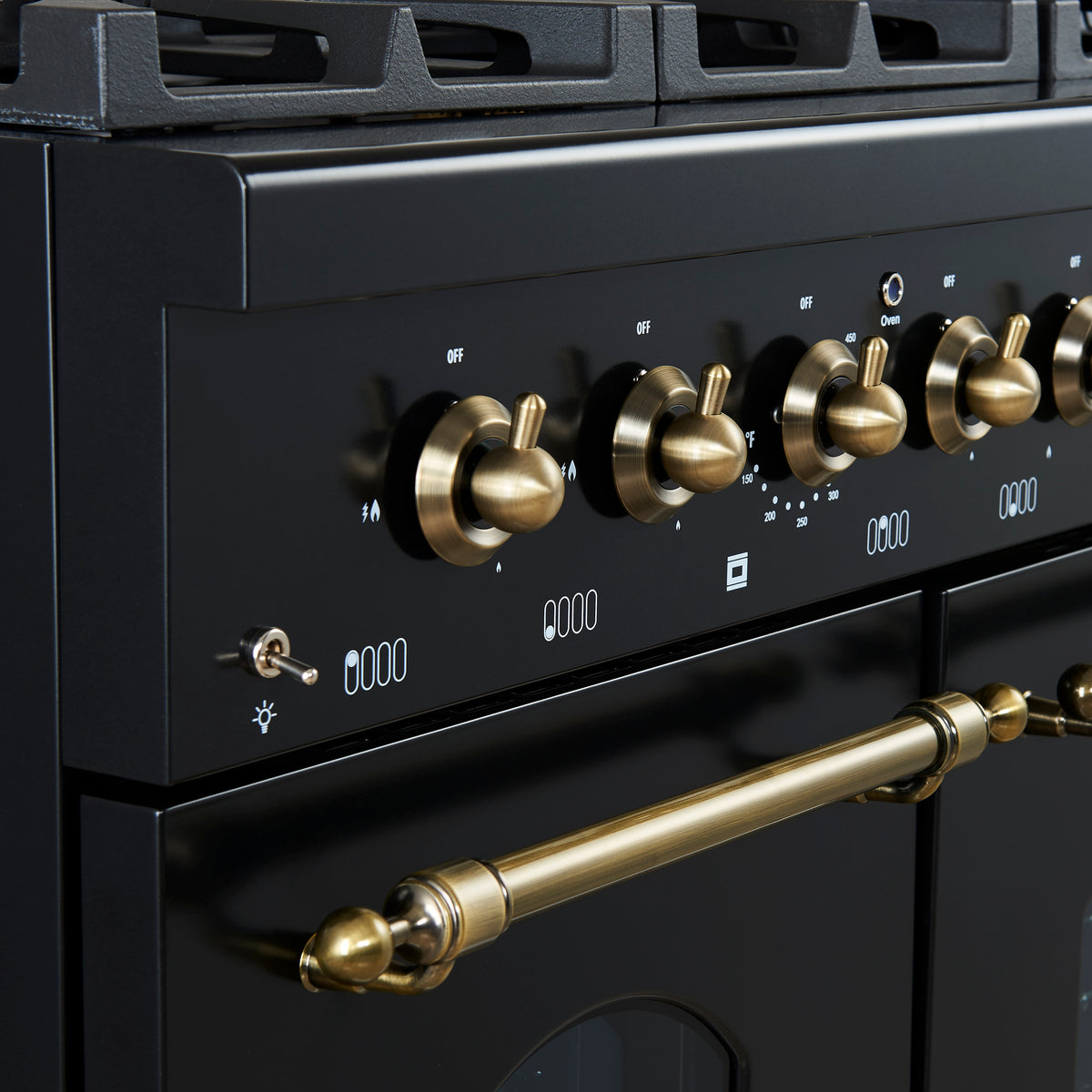 Forno Antico 48" Freestanding Gas Range Black and Antique Brass Design, 8 Sealed Burners 94,000 BTU, Griddle