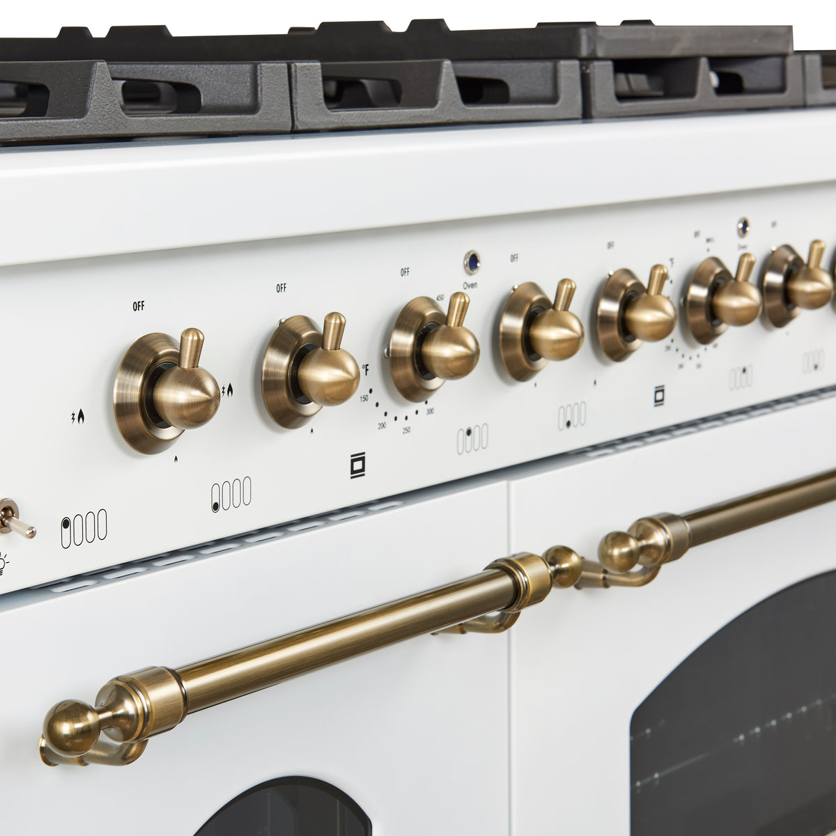 Forno Antico 48" Freestanding Gas Range White and Antique Brass Design, 8 Sealed Burners 94,000 BTU, Griddle