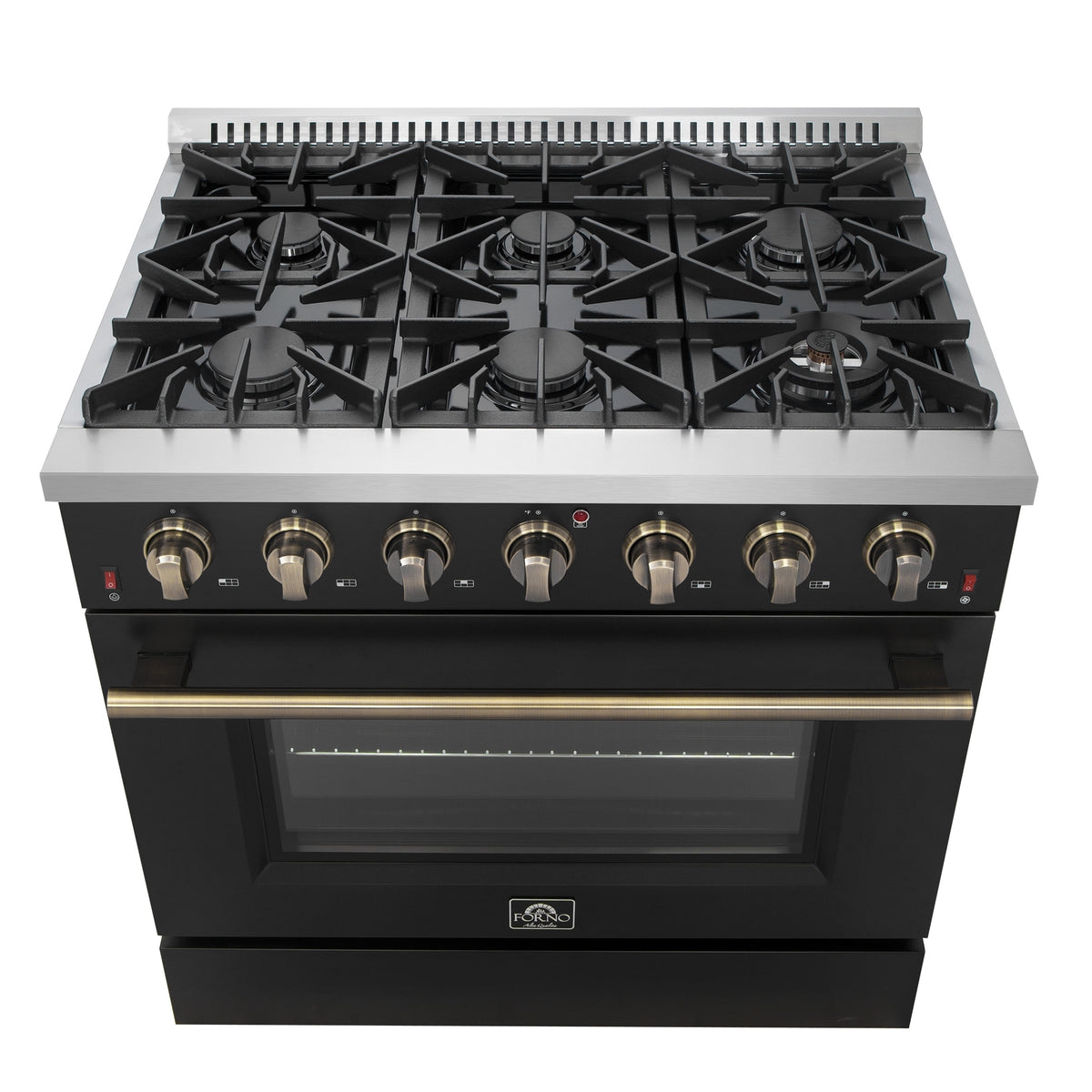 Forno Galiano 36" Freestanding Gas Range in Black with Antique Brass Design, 6 Burners, 83,000 BTU