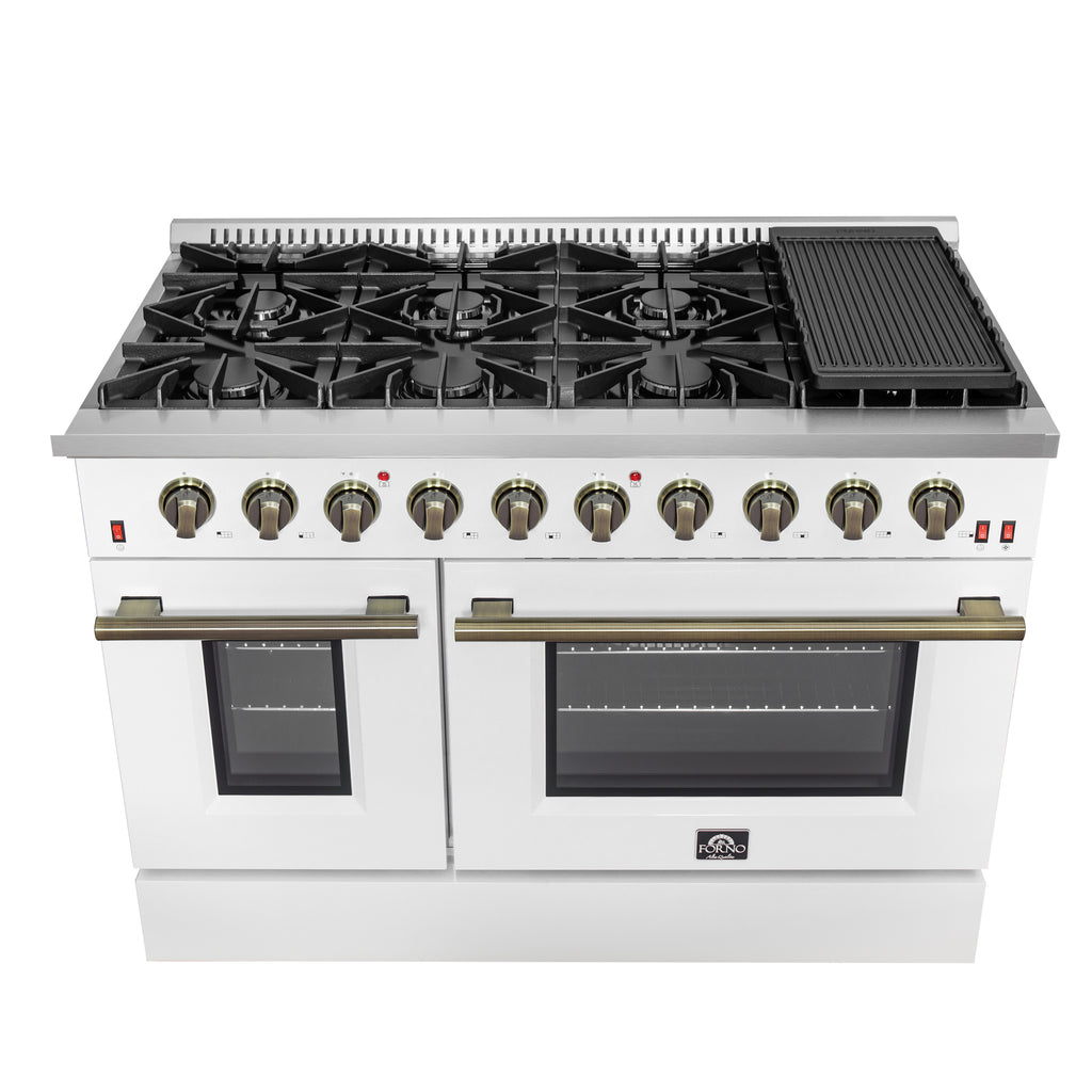 Forno Galiano 48" Freestanding Gas Range White & Antique Brass Design, 8 Burners 107,000 BTU, Griddle