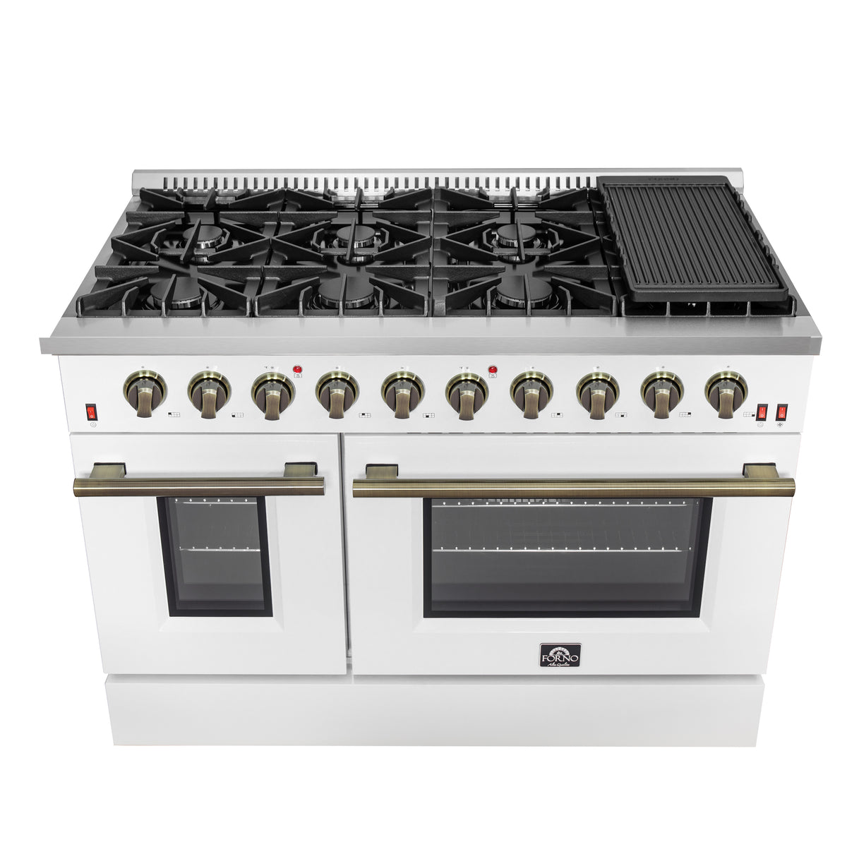 Forno Galiano 48" Freestanding Gas Range White & Antique Brass Design, 8 Burners 107,000 BTU, Griddle