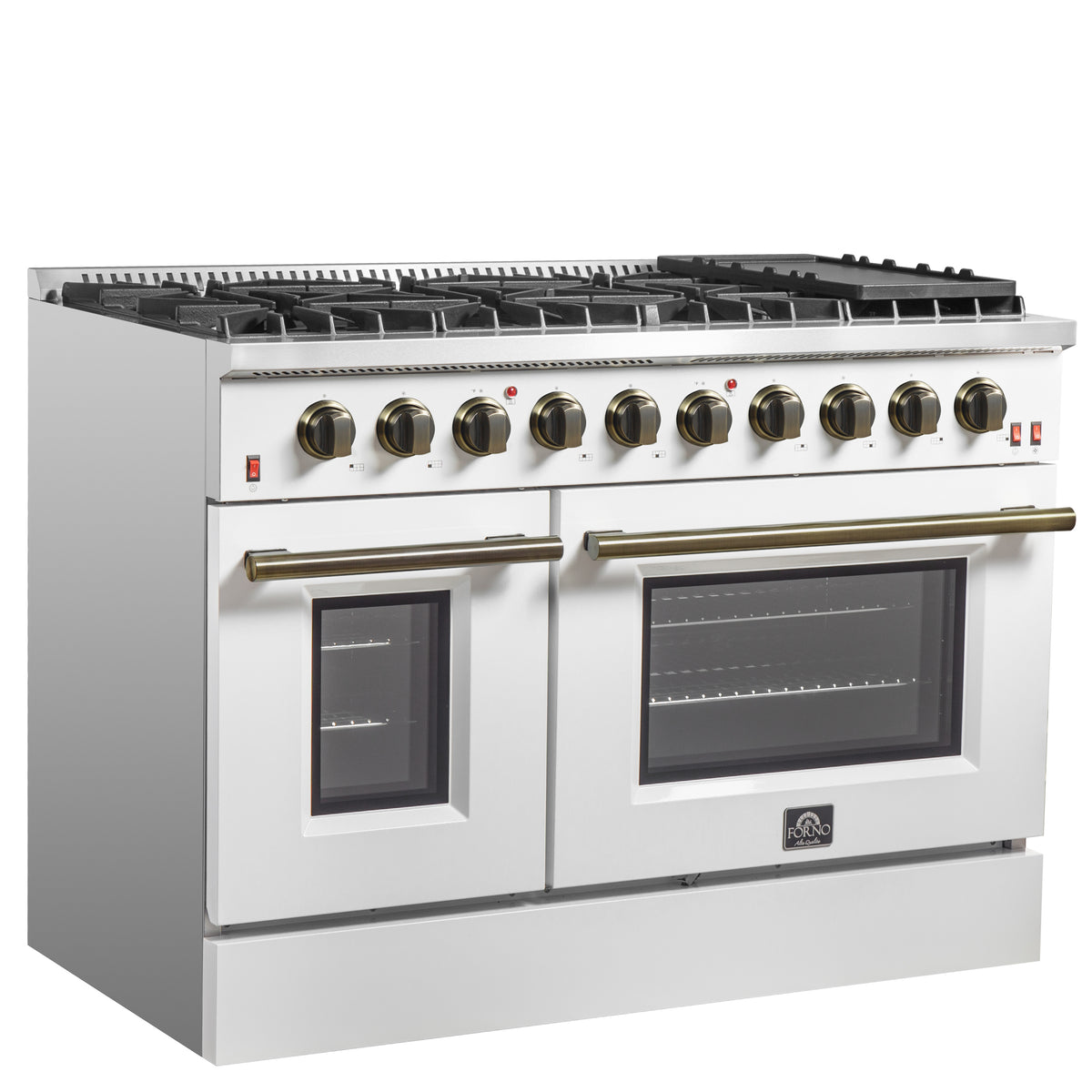 Forno Galiano 48" Freestanding Gas Range White & Antique Brass Design, 8 Burners 107,000 BTU, Griddle