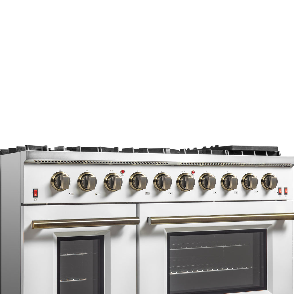 Forno Galiano 48" Freestanding Gas Range White & Antique Brass Design, 8 Burners 107,000 BTU, Griddle