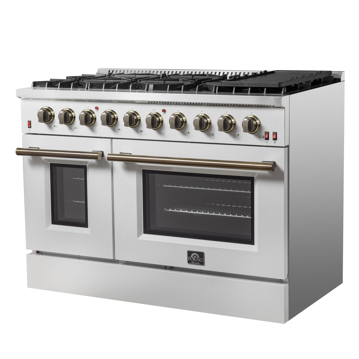 Forno Galiano 48" Freestanding Gas Range White & Antique Brass Design, 8 Burners 107,000 BTU, Griddle