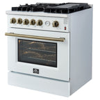 Forno Giovanni 30" Freestanding Gas Range White & Antique Brass Design, 5 Sealed Burners 67,000 BTU
