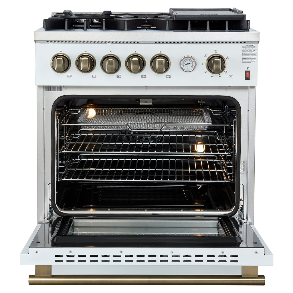 Forno Giovanni 30" Freestanding Gas Range White & Antique Brass Design, 5 Sealed Burners 67,000 BTU