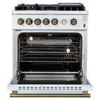 Forno Giovanni 30" Freestanding Gas Range White & Antique Brass Design, 5 Sealed Burners 67,000 BTU
