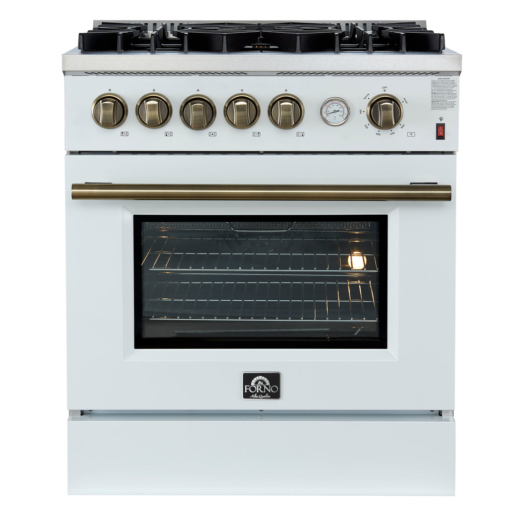 Forno Giovanni 30" Freestanding Gas Range White & Antique Brass Design, 5 Sealed Burners 67,000 BTU