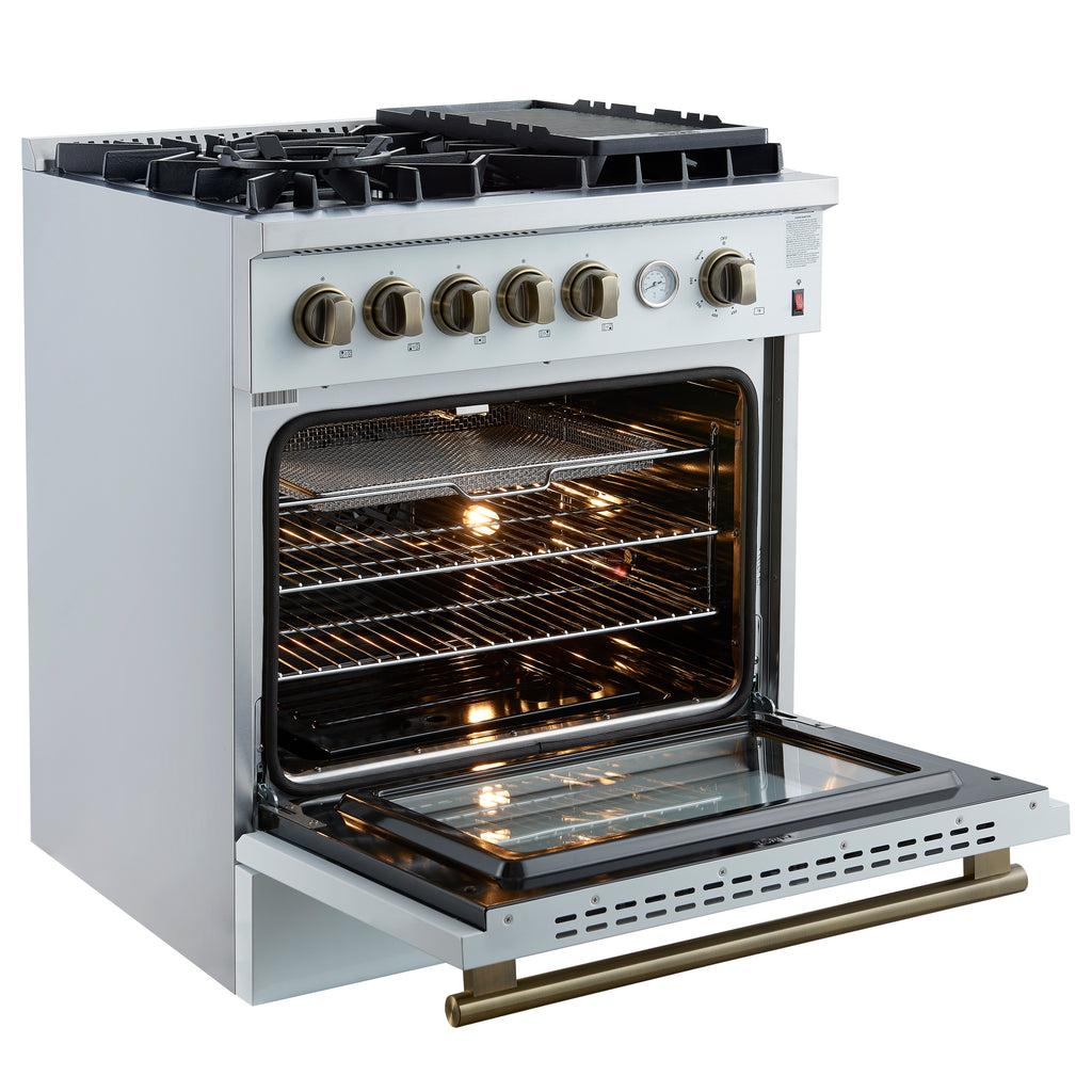 Forno Giovanni 30" Freestanding Gas Range White & Antique Brass Design, 5 Sealed Burners 67,000 BTU