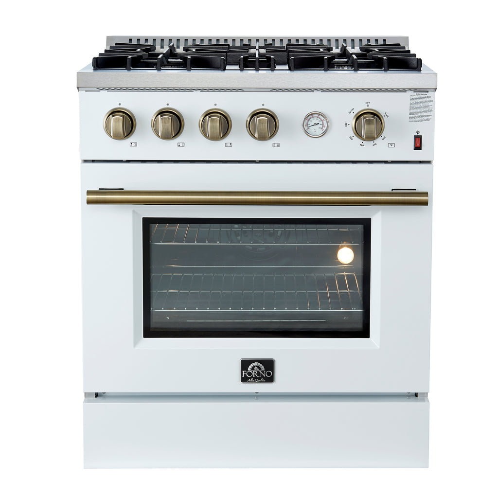 Forno Marco 30" Gas Range White & Antique Brass Design, 4 Burners 37,000 BTU