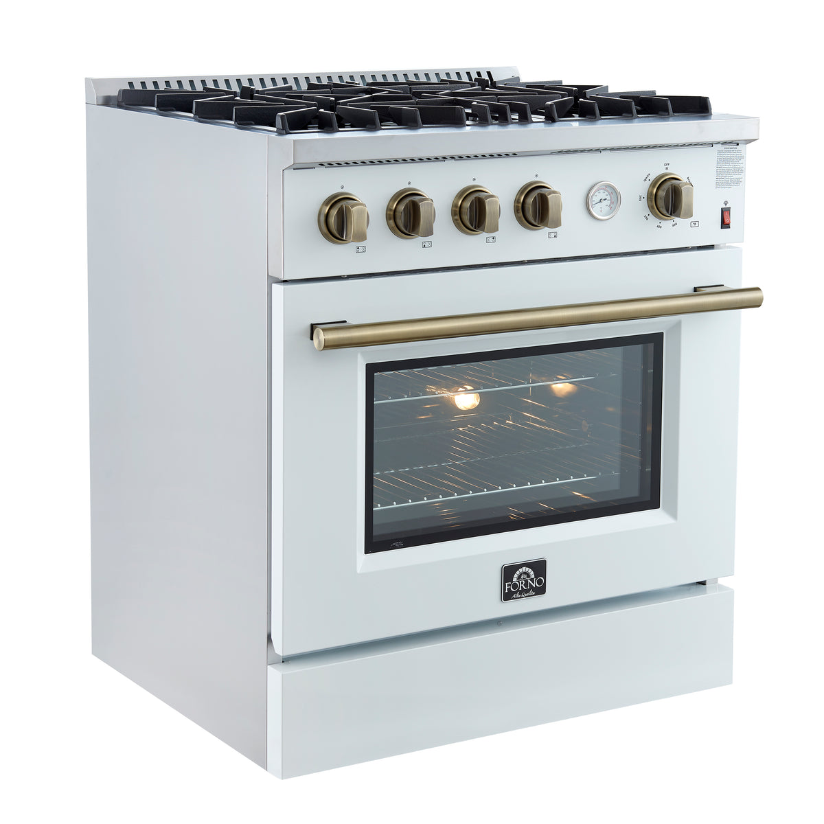 Forno Marco 30" Gas Range White & Antique Brass Design, 4 Burners 37,000 BTU