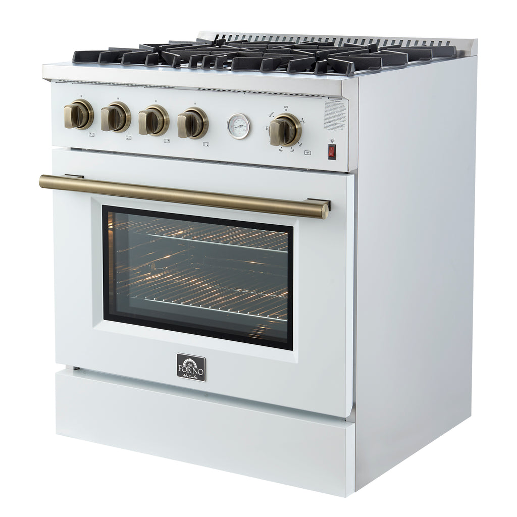 Forno Marco 30" Gas Range White & Antique Brass Design, 4 Burners 37,000 BTU