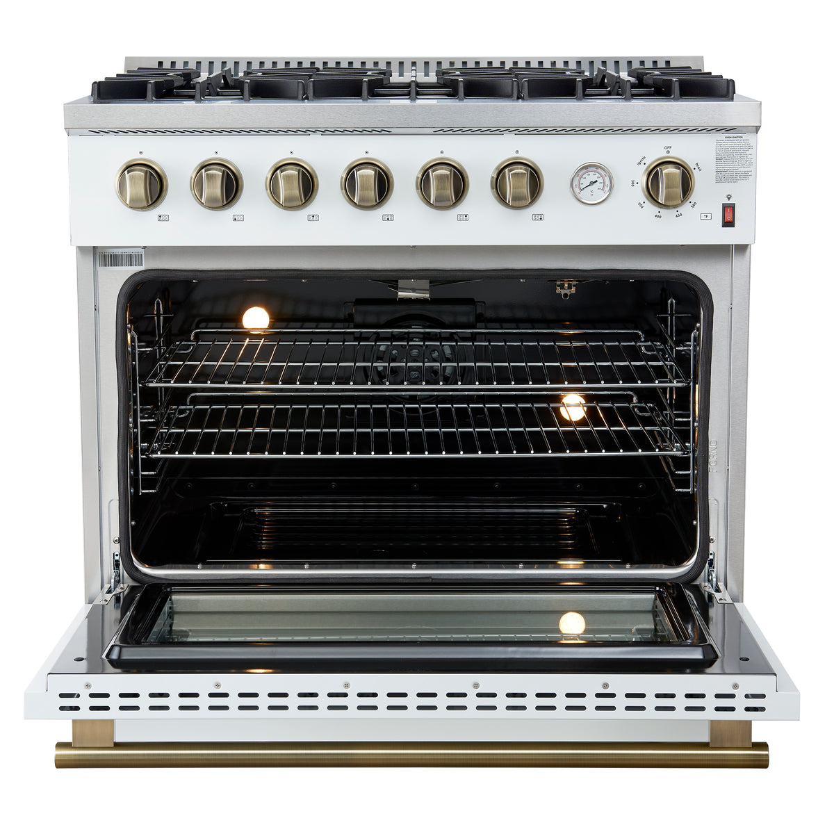 Forno Marco 36" Gas Range White & Antique Brass Design, 6 Burners 67,000 BTU