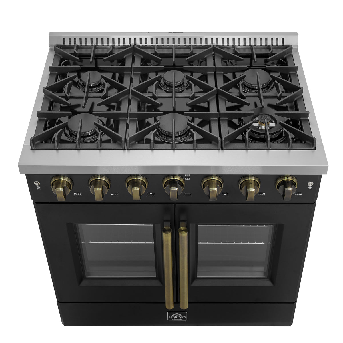 Forno Galiano 36" French Door Gas Range in Black and Antique Brass Design, 6 Sealed Burners 83,000 BTU