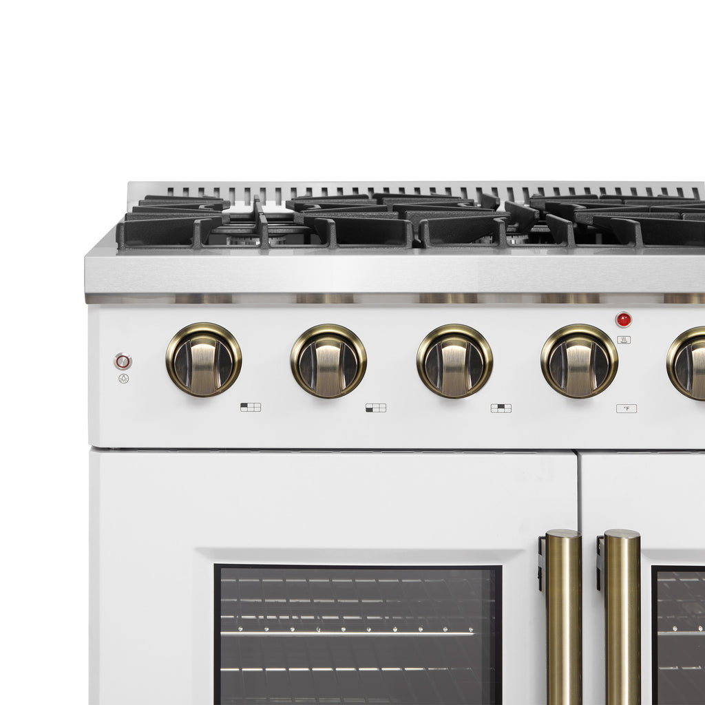 Forno Galiano 36" French Door Gas Range in White & Antique Brass Design, 6 Sealed Burners 83,000 BTU