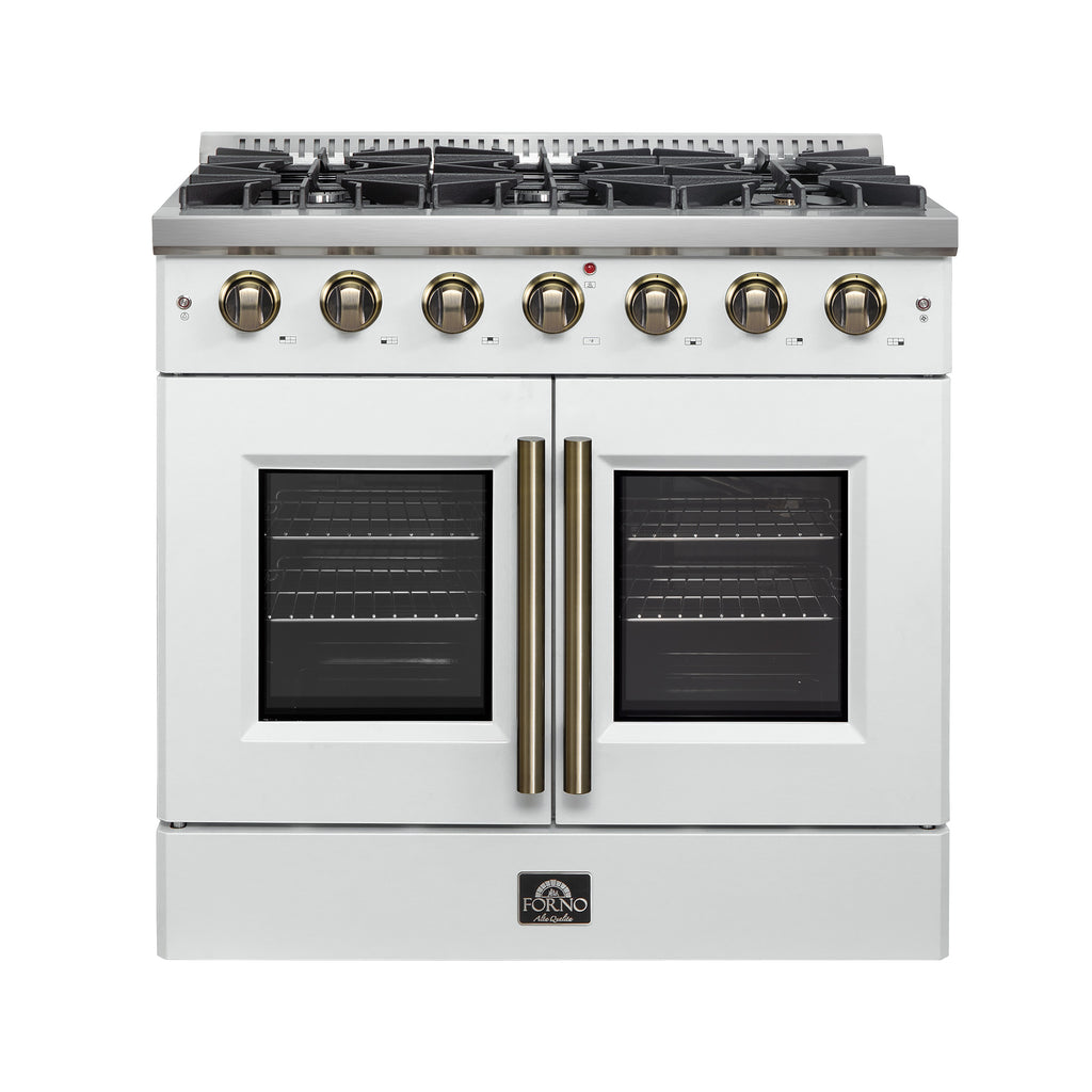 Forno Galiano 36" French Door Gas Range in White & Antique Brass Design, 6 Sealed Burners 83,000 BTU