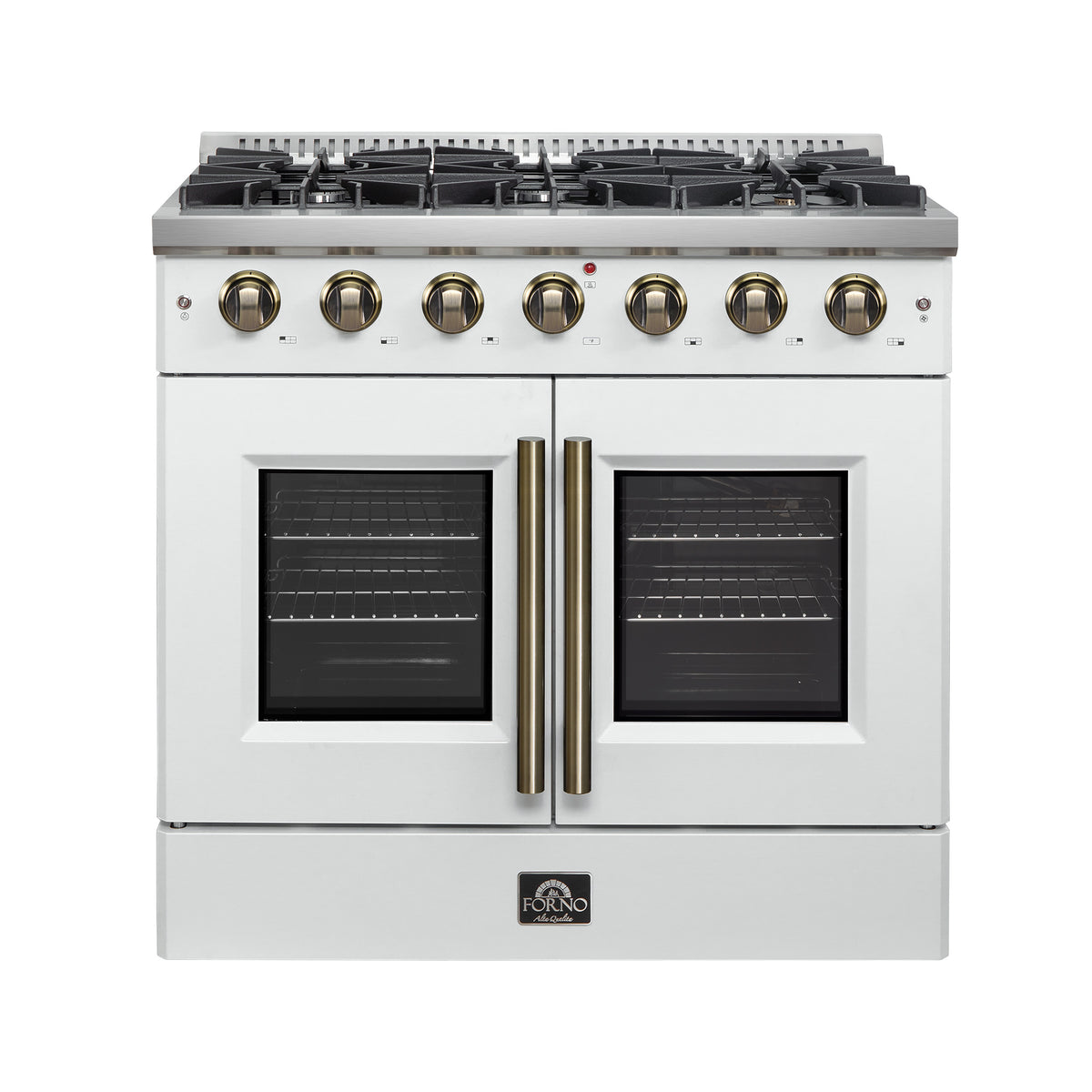 Forno Galiano 36" French Door Gas Range in White & Antique Brass Design, 6 Sealed Burners 83,000 BTU
