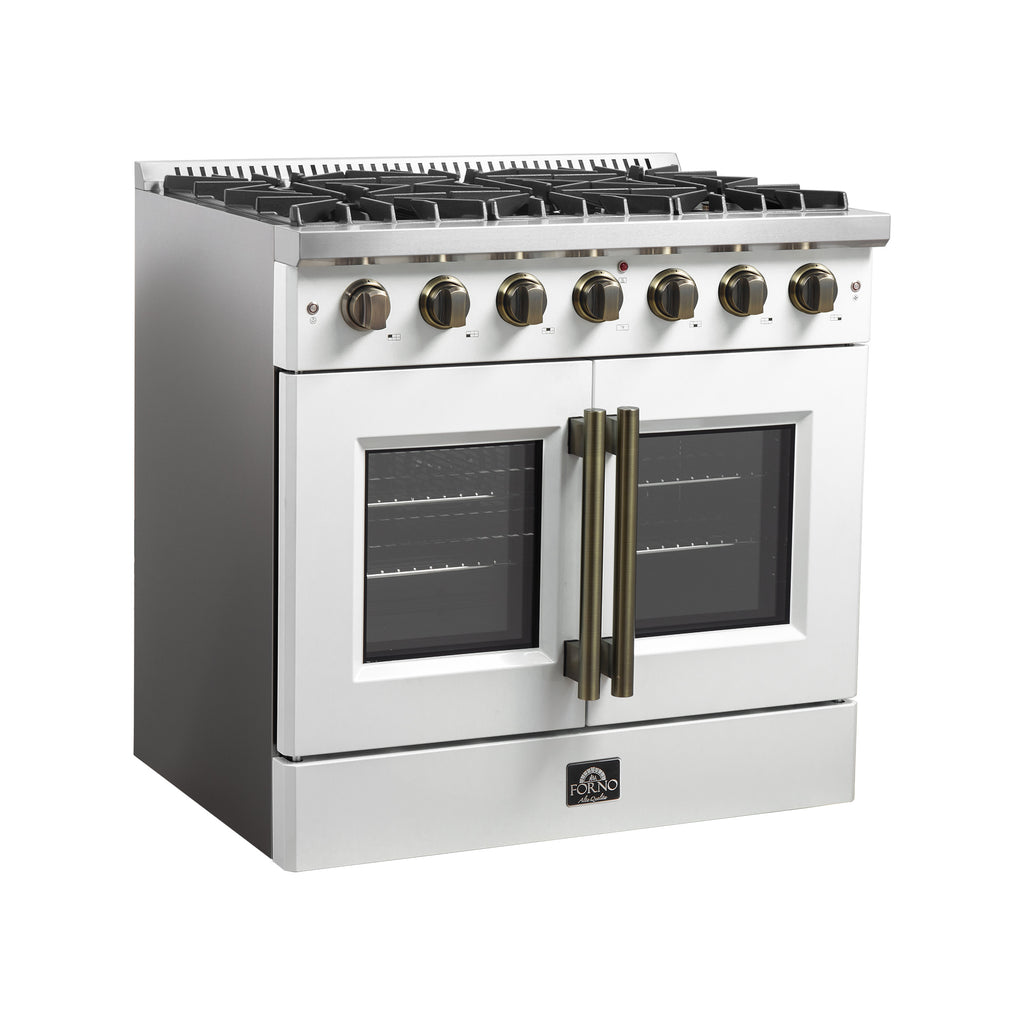Forno Galiano 36" French Door Gas Range in White & Antique Brass Design, 6 Sealed Burners 83,000 BTU