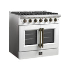 Forno Galiano 36" French Door Gas Range in White & Antique Brass Design, 6 Sealed Burners 83,000 BTU