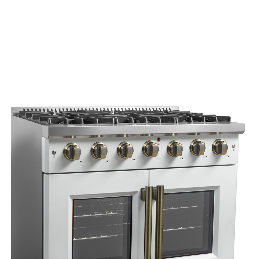 Forno Galiano 36" French Door Gas Range in White & Antique Brass Design, 6 Sealed Burners 83,000 BTU