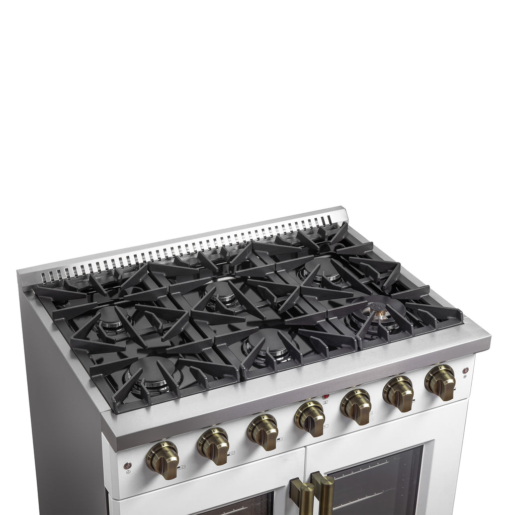 Forno Galiano 36" French Door Gas Range in White & Antique Brass Design, 6 Sealed Burners 83,000 BTU