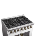 Forno Galiano 36" French Door Gas Range in White & Antique Brass Design, 6 Sealed Burners 83,000 BTU