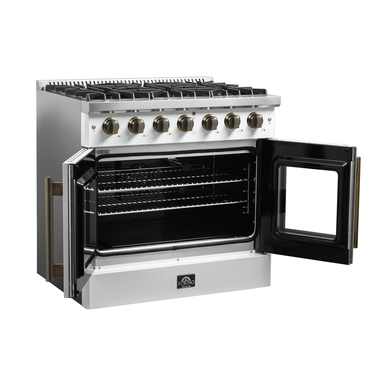 Forno Galiano 36" French Door Gas Range in White & Antique Brass Design, 6 Sealed Burners 83,000 BTU