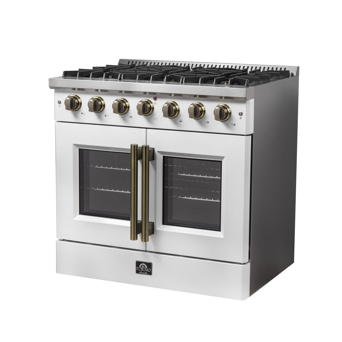 Forno Galiano 36" French Door Gas Range in White & Antique Brass Design, 6 Sealed Burners 83,000 BTU