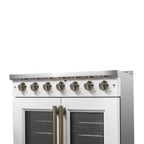 Forno Galiano 36" French Door Gas Range in White & Antique Brass Design, 6 Sealed Burners 83,000 BTU