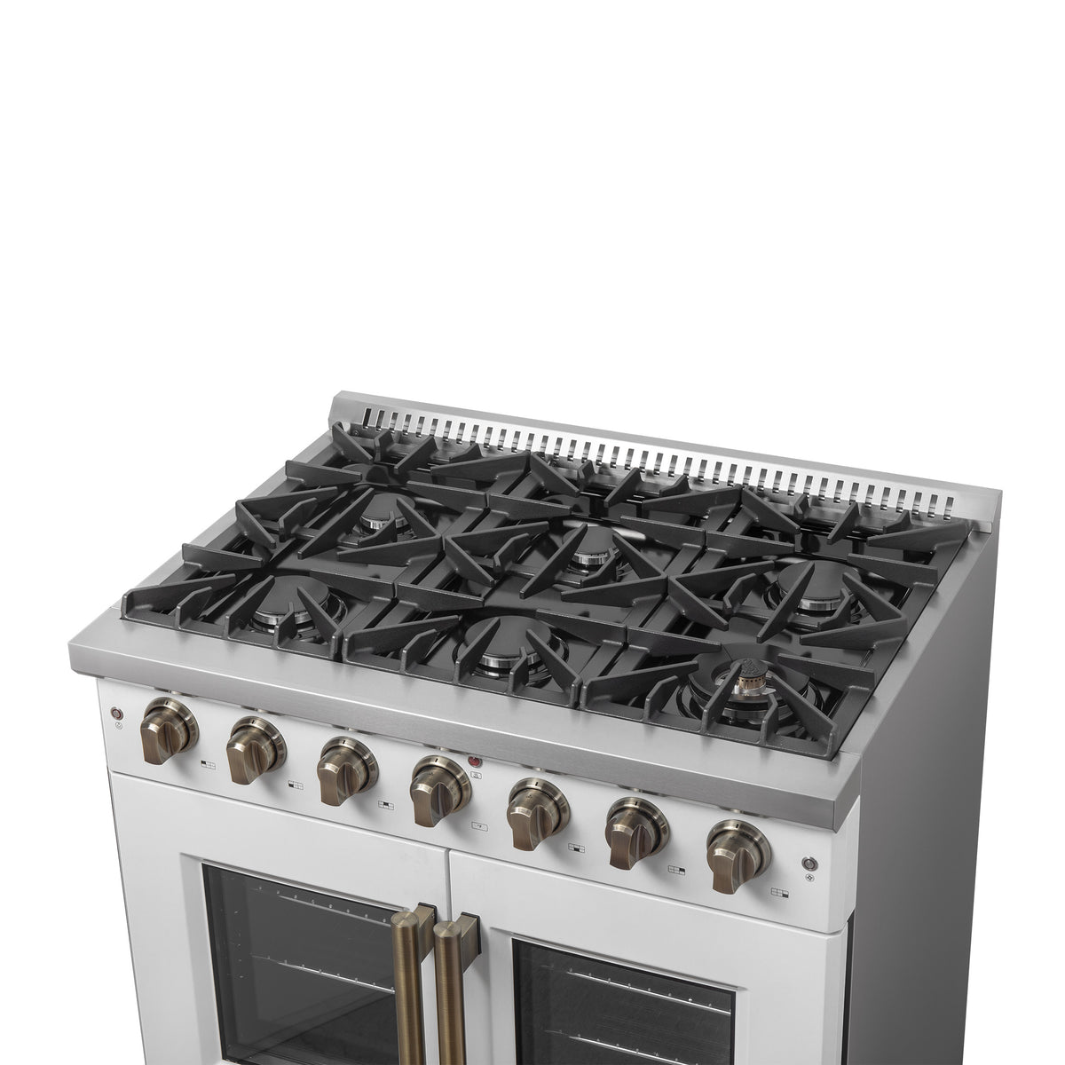 Forno Galiano 36" French Door Gas Range in White & Antique Brass Design, 6 Sealed Burners 83,000 BTU