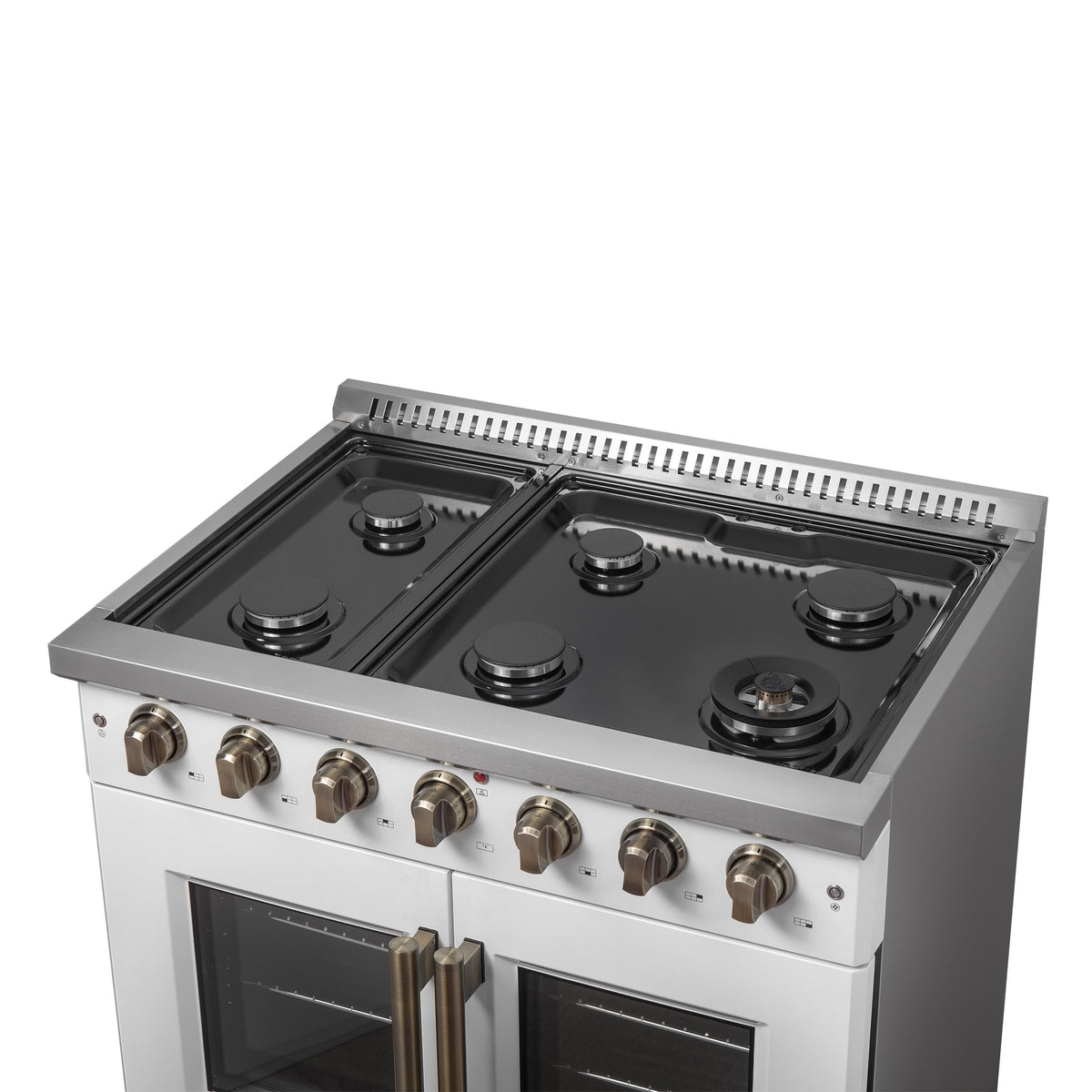 Forno Galiano 36" French Door Gas Range in White & Antique Brass Design, 6 Sealed Burners 83,000 BTU