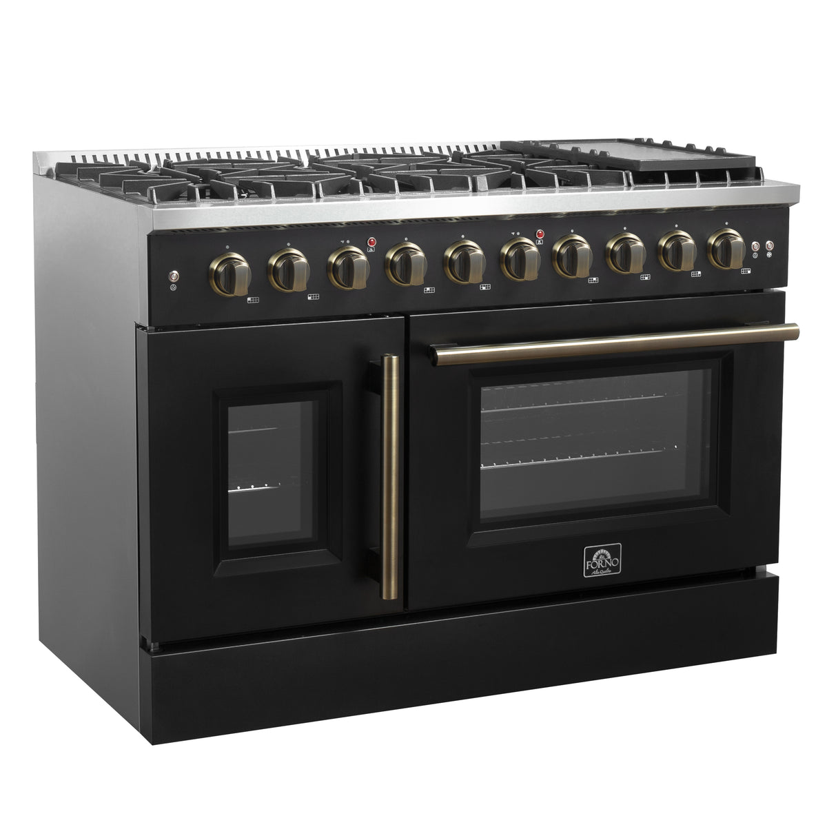 Forno Galiano 48" French Door Gas Range in Black & Antique Brass Design, 8 Sealed Burners 107,000 BTU