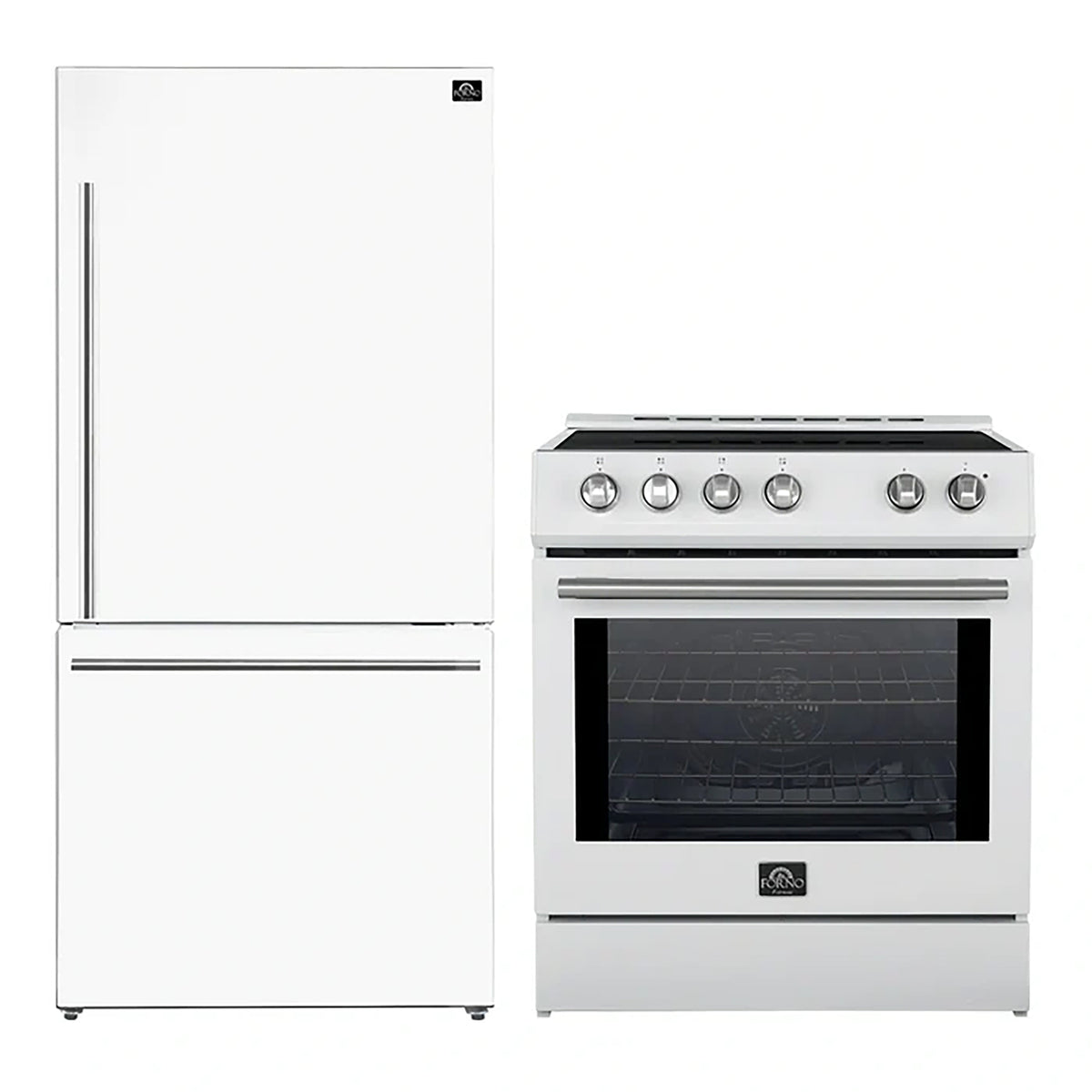 Forno 2-Piece White Kitchen Bundle - 30" Induction Range and 31" Bottom Freezer Refrigerator