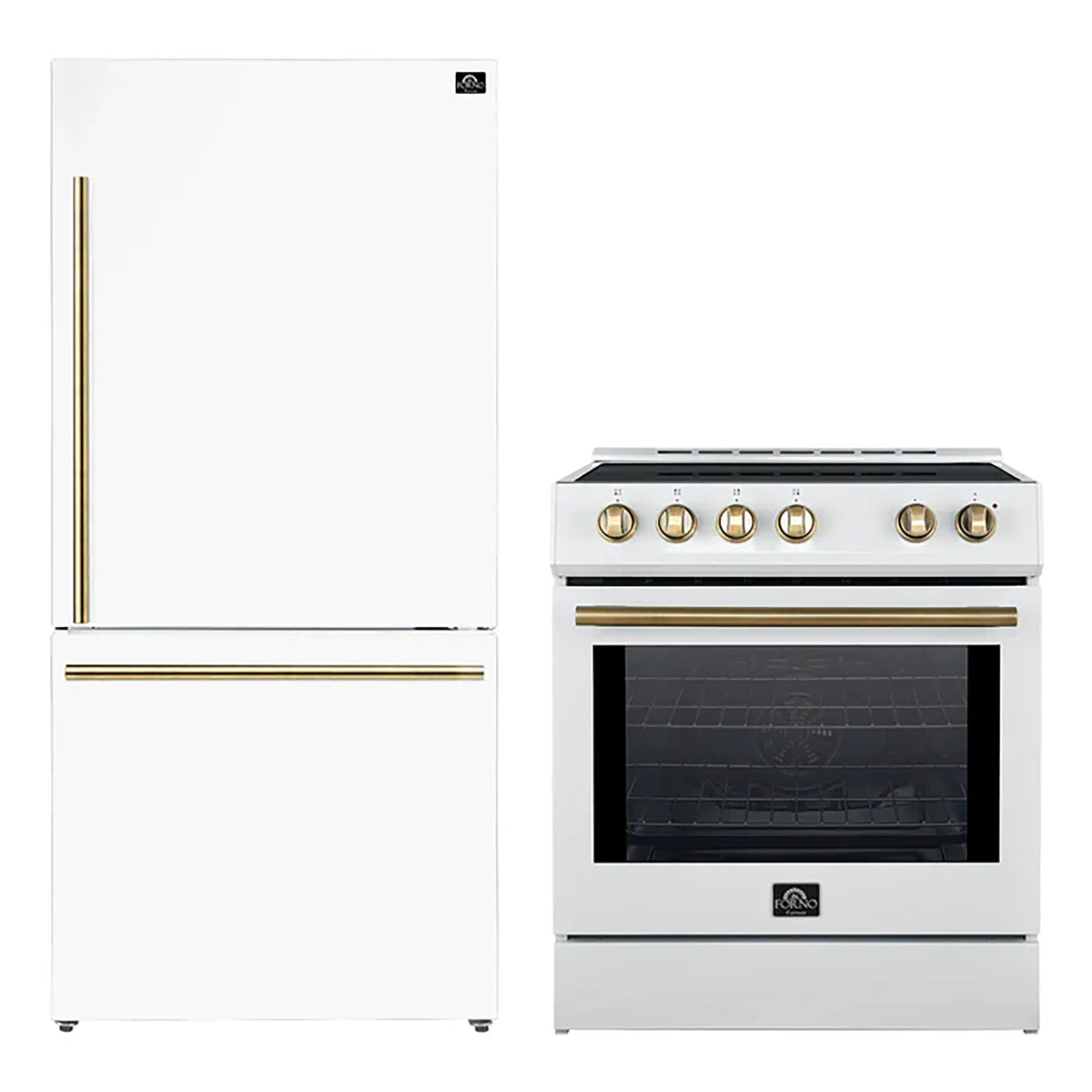 Forno 2-Piece White Kitchen Bundle - 30" Induction Range and 31" Bottom Freezer Refrigerator