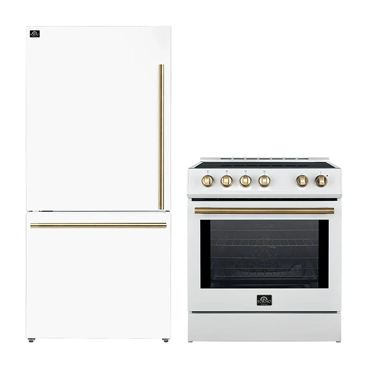 Forno 2-Piece White Kitchen Bundle - 30" Induction Range and 31" Bottom Freezer Refrigerator