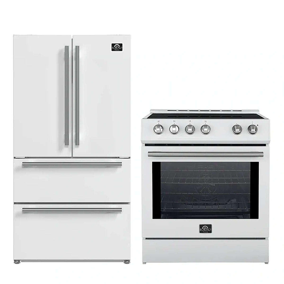 Forno 2-Piece White Kitchen Bundle - 30" Induction Range and 36" Bottom Freezer Refrigerator