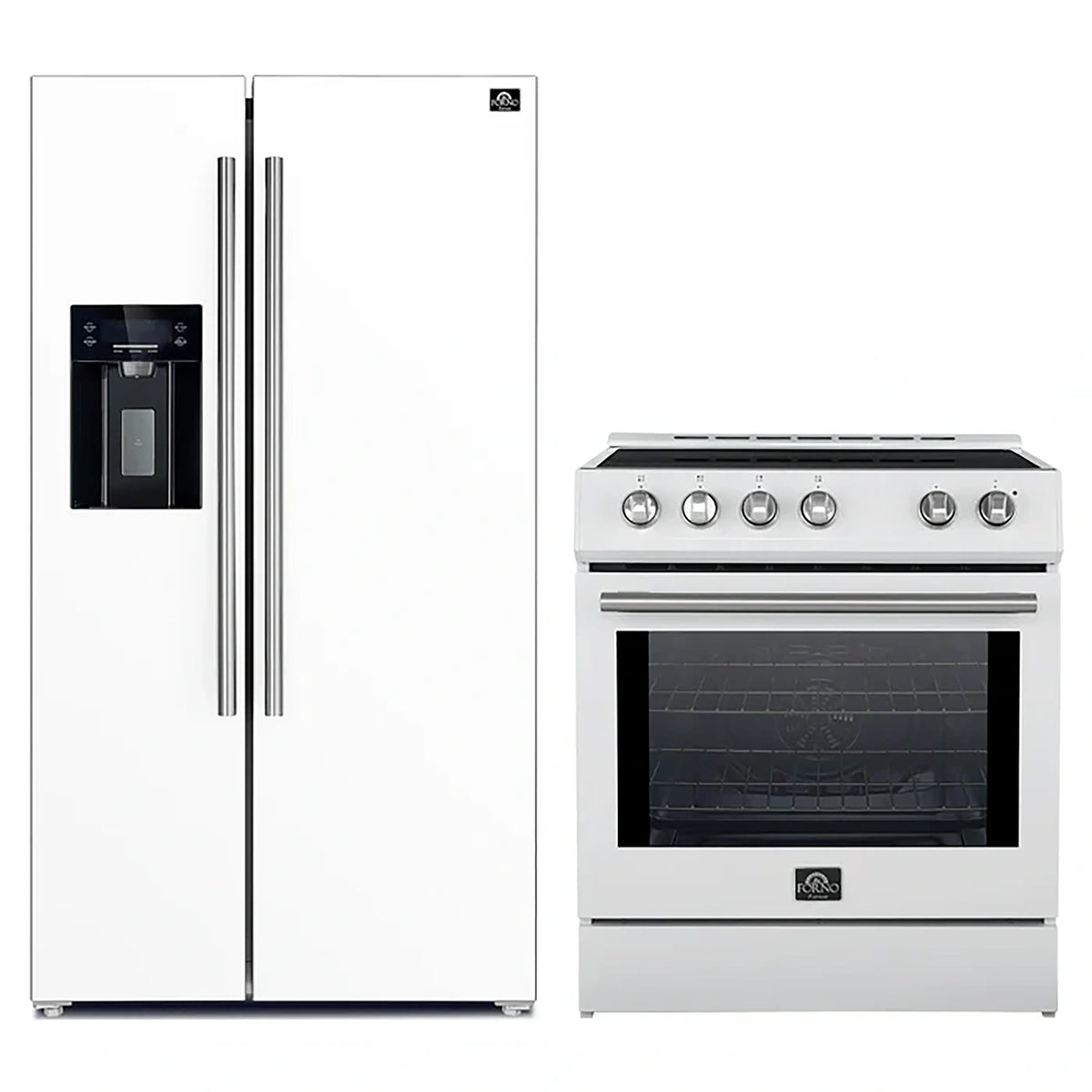 Forno 2-Piece White Kitchen Bundle - 30" Induction Range and 36" Bottom Freezer Refrigerator