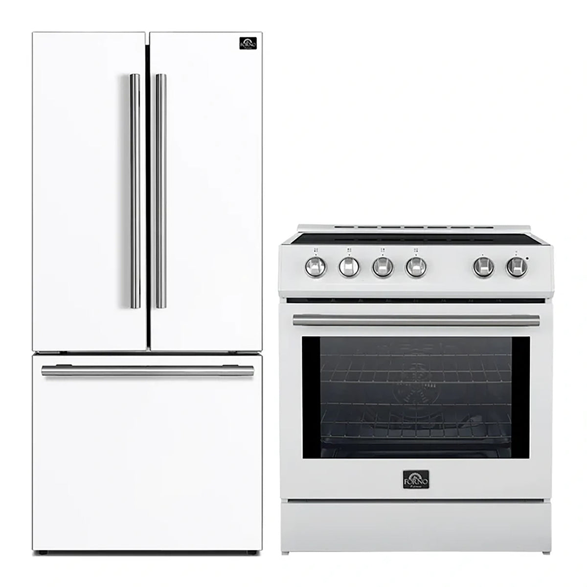 Forno 2-Piece White Kitchen Bundle - 30" Induction Range and 31" Bottom Freezer Refrigerator