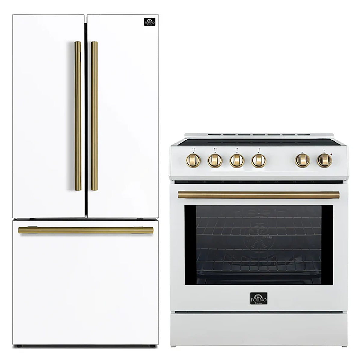 Forno 2-Piece White Kitchen Bundle - 30" Induction Range and 31" Bottom Freezer Refrigerator