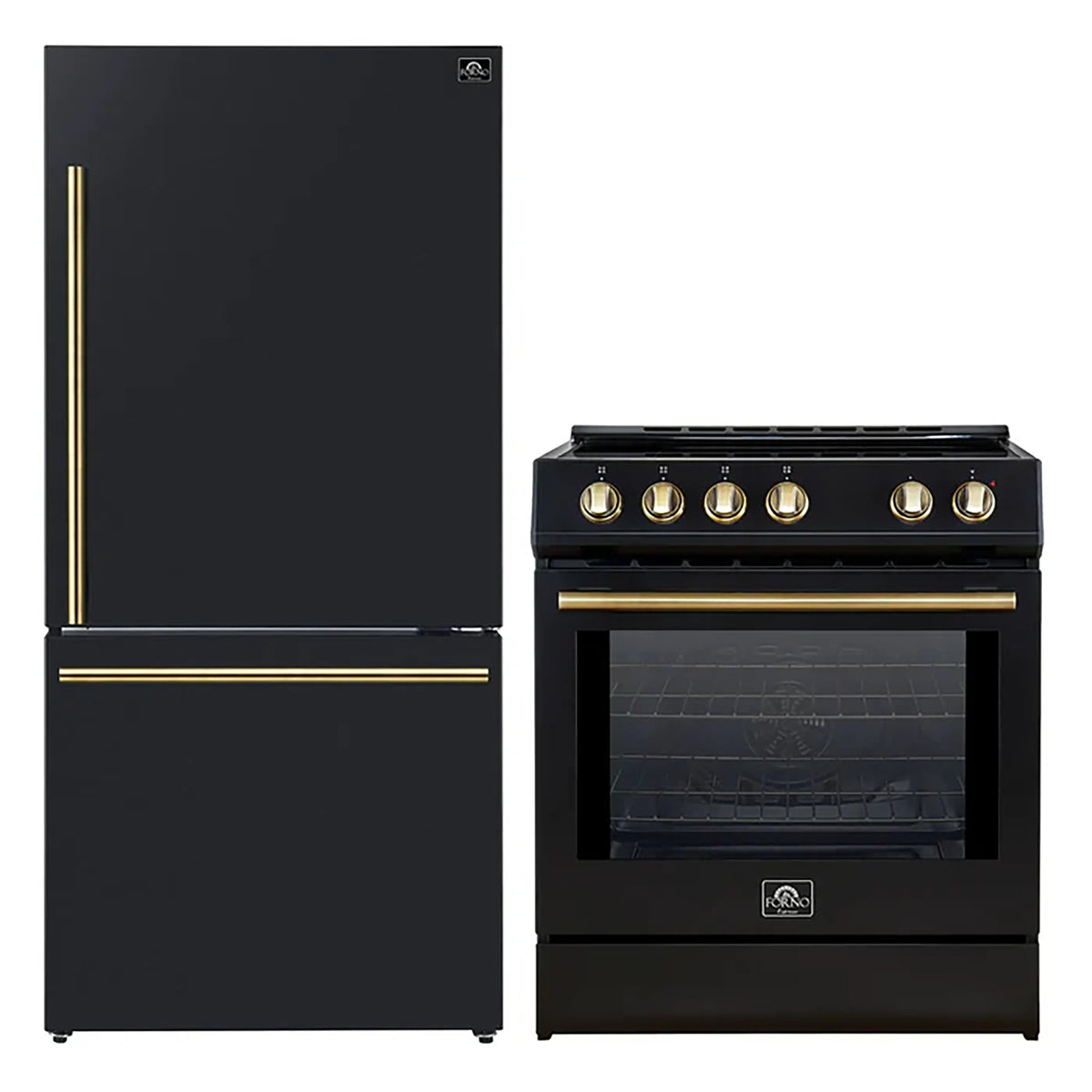 Forno 2-Piece Black Kitchen Bundle - 30" Induction Range and 31" Bottom Freezer Refrigerator