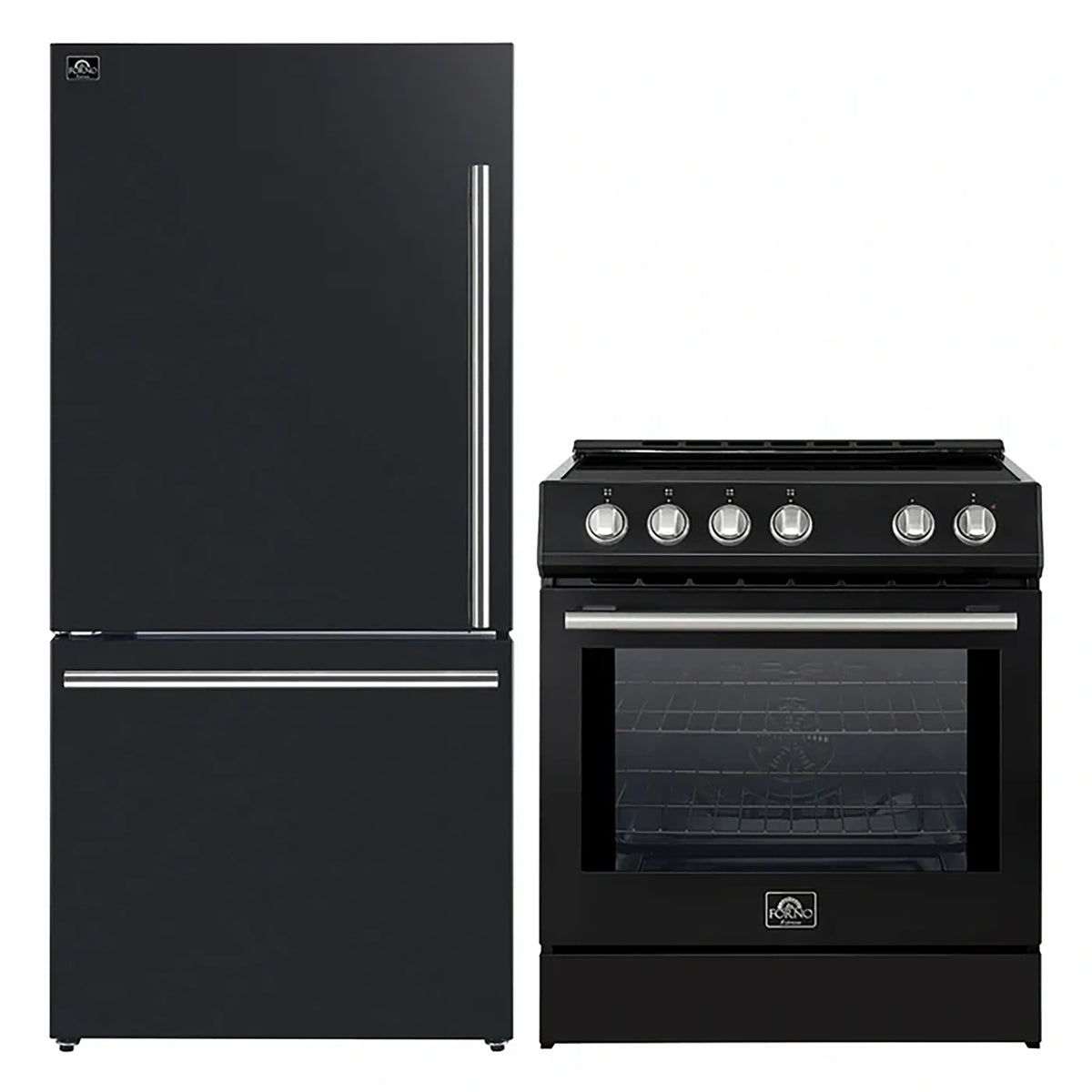 Forno 2-Piece Black Kitchen Bundle - 30" Induction Range and 31" Bottom Freezer Refrigerator