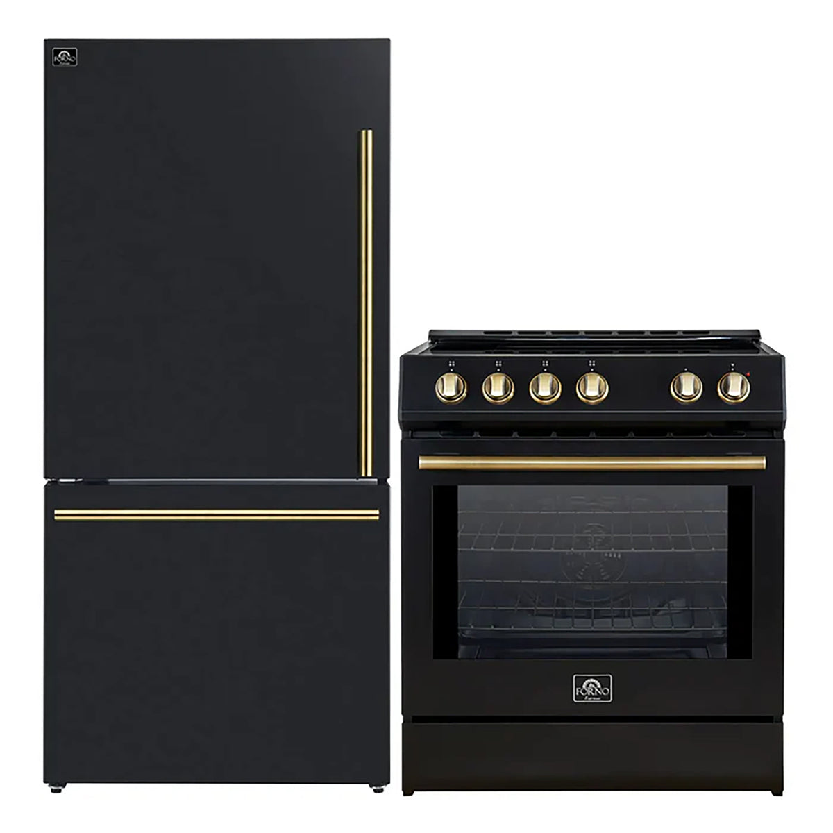 Forno 2-Piece Black Kitchen Bundle - 30" Induction Range and 31" Bottom Freezer Refrigerator