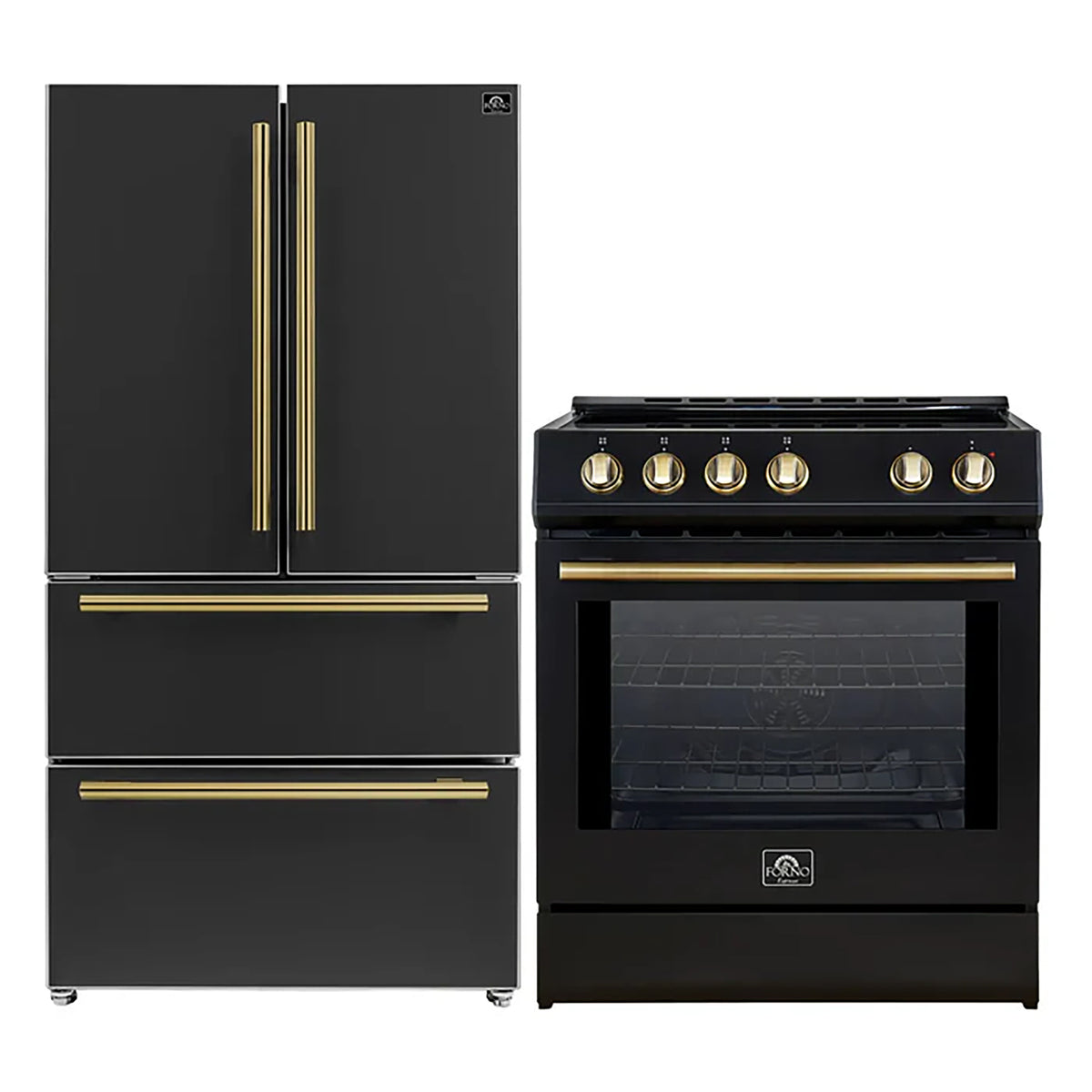 Forno 2-Piece Black Kitchen Bundle - 30" Induction Range and 36" Bottom Freezer Refrigerator