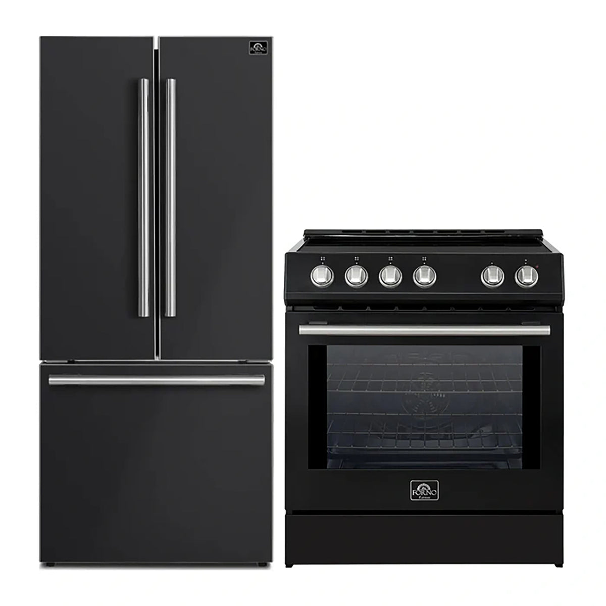 Forno 2-Piece Black Kitchen Bundle - 30" Induction Range and 31" Bottom Freezer Refrigerator