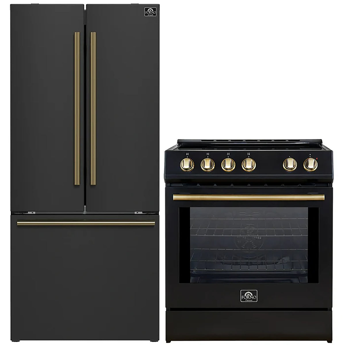 Forno 2-Piece Black Kitchen Bundle - 30" Induction Range and 31" Bottom Freezer Refrigerator