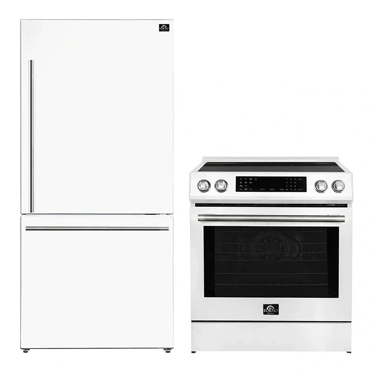 Forno 2-Piece White Kitchen Bundle - 30" Induction Range and 31" Bottom Freezer Refrigerator