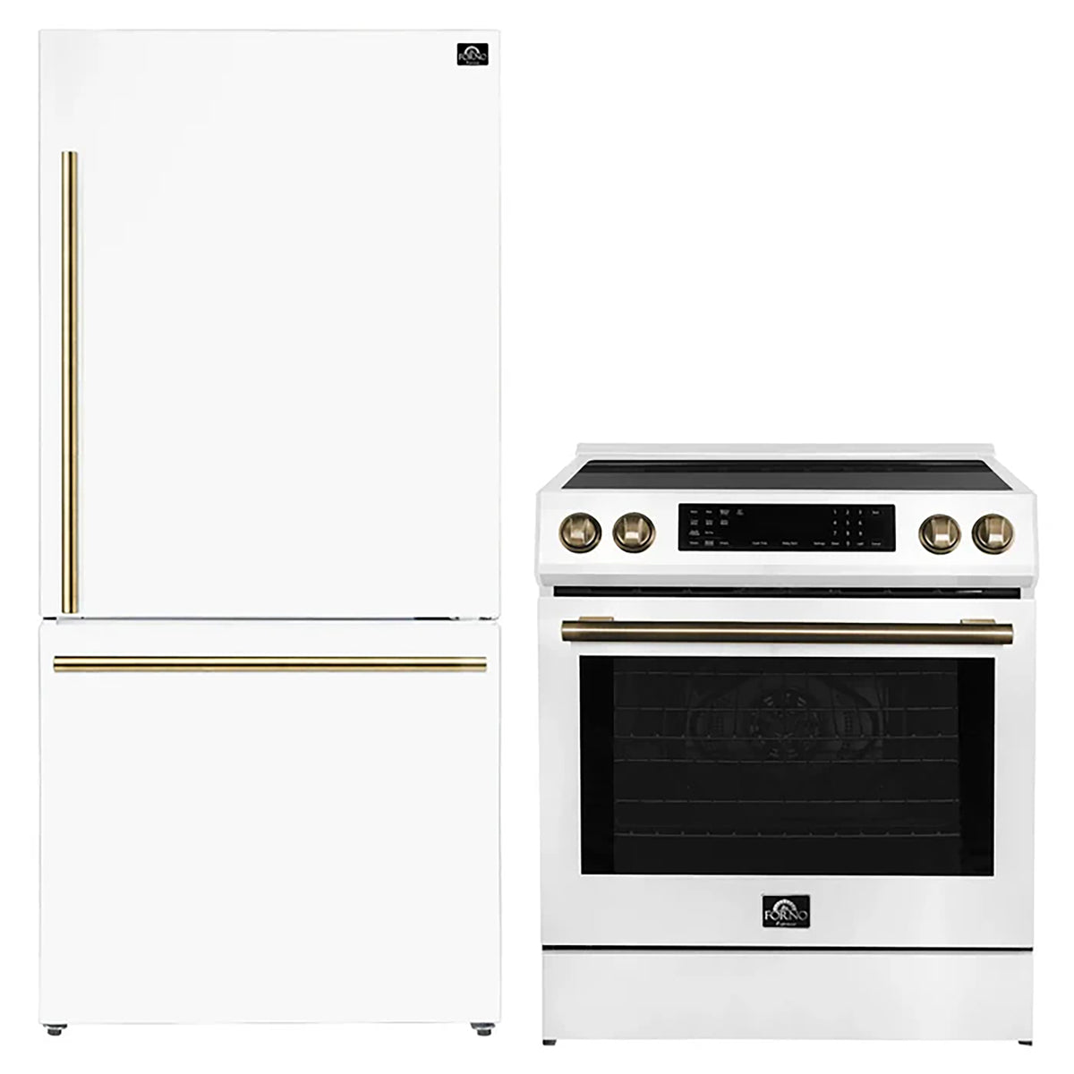 Forno 2-Piece White Kitchen Bundle - 30" Induction Range and 31" Bottom Freezer Refrigerator